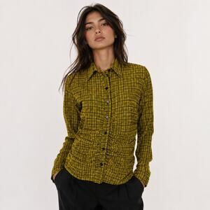 WRAY NYC Ruched Plaid Button front blouse yellow black size Large